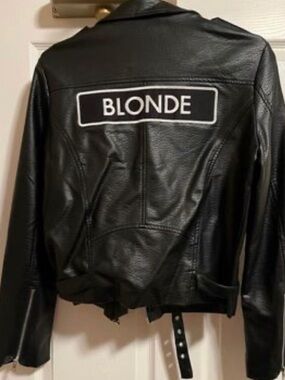 Brunette The Label Black Faux Leather Moto Jacket with 'BLONDE' Patch